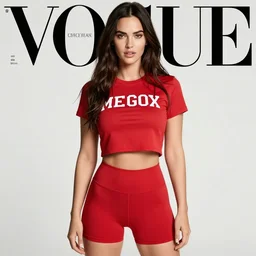 Megan fox  wearing crop red gym top with white lettering, cropped red yoga short, Vogue editorial by Mario Testino, masterwork