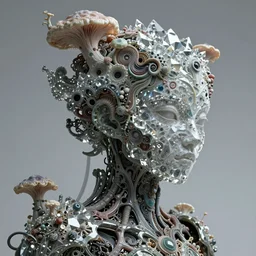 dreamland of chinese, ghost, gorgeous and huge head ornaments, dystopian, cyberpunk, organic fractal mycelum and fungi, mecha, halfturn portrait of a big crystal face made of crystals half - turn, ominous, intricate, studio, art by anthony macbain + greg rutkowski + alphonse mucha, concept art, 4 k, sharp focus