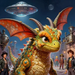 zoomed out profile face portrait of fuzzy kaiju moth dragons, 1 9 5 0 s scifi, ufo, flying saucer, moon, meninblack, steampunk, alley, streets, hyung tae, frank frazetta, nicoletta ceccoli, mark ryden, lostfish, max fleischer, hyper realistic, artstation, illustration, digital paint, matte paint, vivid colors,