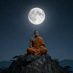 high definition render of a monk on top of a mountain, full moon, milky way, galaxy, buddhism, 8 k, symbolic, global illumination, raytracing