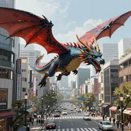 a digital painting of a real dragon flying over the streets of Tokyo