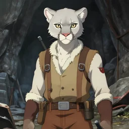 character portrait of a anthro!!! albino mountain lion wearing miner's clothes at the mines. hidari, color page, tankoban, 4K, tone mapping, Akihiko Yoshida.