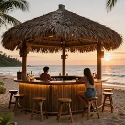 a relaxing tiki bar by the beach at sunset, 8 k