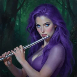 painting of alluring woman with beautiful blue eyes in the darkened green forest at midnight, detailed face, flowing purple hair, skintight tunic, silver flute, smooth, sharp focus, award - winning, masterpiece, extremely detailed, intricate, art by rebecca guay, rossdraws