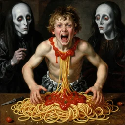 a boy made of spaghetti and tomato sauce, looking into camera, screaming in pain, full body, by giuseppe arcimboldo and ambrosius benson, renaissance, intricate and intense oil paint, a touch of beksinski and hr giger and edward munch, realistic