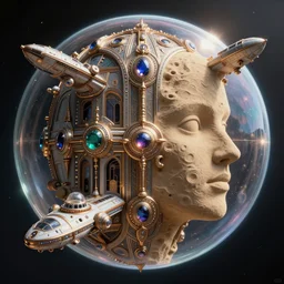 space ship, half soap bubble mind, half symetrical highly detailed ornate with jewels and precious metals futuristic, half sandman kingdom, half kingdom of dreams, space ships, hiperrealistc, global illumination, radiant light, art by moebius