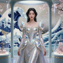 portait of Korean Roseanne Park as a beautiful celestial pearlescent multiversal Goddess wearing a futuristic elegant Renaissance dress exposed in cryo chambers by James Jean, dreamy and ethereal theme, intricate, elegant, highly detailed, centered, digital painting, lush Japanese great wave, sakura season, Kyoto inspired, artstation, concept art, smooth, sharp focus, illustration, by Peter Mohrbacher, WLOP