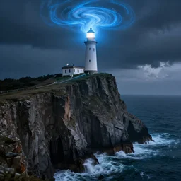 fantasy artwork. cliff with a lighthouse on top. the lighthouse is enveloped by a column of blue swirling light. the sea at the bottom of the cliff ( rough sea ).