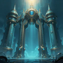 artstation,, digital painting, aqua blue, sharp focus, octane render, huge ， highly detailed, artstation, epic, illustration, steampunk gate to another dimension ， night, symmetric!! vanishing point, warm top light ， concept art by raphael lacoste ， artgerm and john berkey, surreal, smooth, smooth, dream