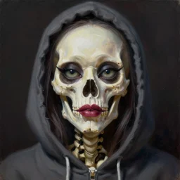 a surrealistic head and shoulder painting of a gorgeous female skeleton with cat eyeballs and lipstick and hoodie, in the style of patrick woodroffe, digital art, detailed masterpiece