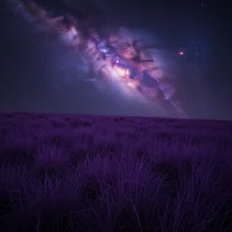 An atmospheric scene of lush, purple, grass and a vibrant yet dark galaxy across the skies, hyper realistic, pintrest, deviant art, 8k, matte painting, high detail,