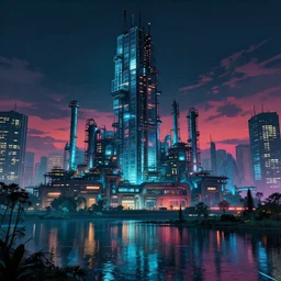 industrial architecture by john constable, at night vice city at dusk lightpaint tokyo lake retro landscape cgsociety sci - fi vaporwave elysian made of glass san andreas futuristic assassin's creed dramatic lighting forest bladerunner 2 0 4 9 azeroth uv light extraterrestial darkacademia evil, archdaily, wallpaper, highly detailed, trending on artstation.