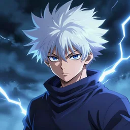 killua zoldyck made by zdzisław beksinski, thunderstorm, lighting, blue, pose, 8 k, detailed, high quality, 8 k, detailed face, spiky hair, light, face with detail