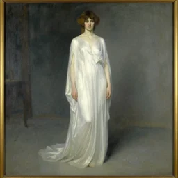 an oil painting of a tall person in flowing white robes standing in a hazy, gloomy, dark room, art nouveau in the style of john singer sargent, greg rutkowski, maxfield parrish and alphonse mucha