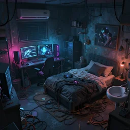 a highly detailed illustration of a messy gamer's bedroom, tangled wires, dim lights, messy bed, a sink, cyberpunk, dystopian, artstation