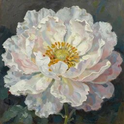 close up of large flower with hundreds if petals painted in the style of the old masters, painterly, thick heavy impasto, expressive impressionist style, painted with a palette knife