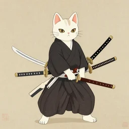 Japanese painting of a Nekomata carrying multiple Katanas.