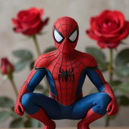 pre-raphaelite spider man with roses in the background, blurred detail, phototaken with Nikon D750