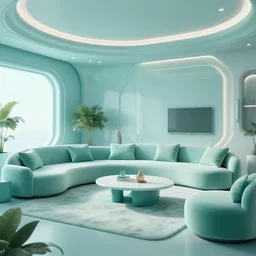 living room, breathtaking interior design, teal pastel colors, apartment living room, sci-fi interior lighting, skyline view, midcentury industrial metal design, cyberpunk, 4k, dramatic, cinematic, octane