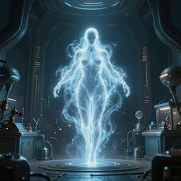 pure energy ghost, glowing aura, laboratory, alien base, scifi, mysterious!!!!!!, 4 k, ultra realistic, paintings on walls, detailed, epic lighting, machines, futuristic building, high detail, masterpiece, trending on artstation