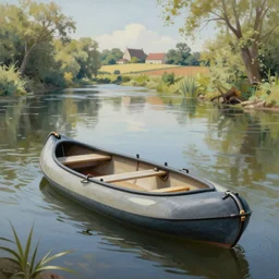 A very detailed painting in the style of featuring a river in Europe surrounded by trees and fields. A rubber dinghy is slowly moving through the water. Sun is shining. Psychodelic painting
