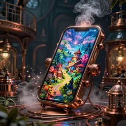 A glowing electrical Steampunk smartphone in a victorian museum, james gurney, cinematic lighting, lots of steam and sparks, wires made of copper, artstation, vibrant nature, Tuomas Korpi, tekkon kinreet, volumetric light, artstation, , octane render, redshift render, low angle camera, rich deep moody colors
