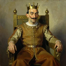 A portrait of Mr. Bean depicted as a medieval king, sitting on a throne, oil painting by Salvador Dali