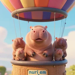a photo of little cute hipoppotamus inside a hot air balloon in world adventure movie by nuri iyem, james gurney, james jean, greg rutkowski, anato finnstark. pixar. hyper detailed, 5 0 mm, award winning photography, perfect faces