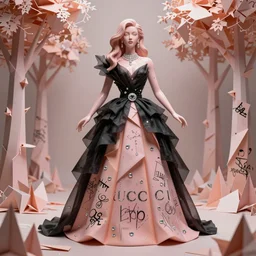 sculpture of a beautiful young female super model resembling dragqueen ( ( bianco del rio ) ) made out of pink ceramic and diamond wearing a black tissue paper and peach geometric gown by gucci, paper graffiti, trees made out of origami, ethereal, fantasy, lawrence alma tadema, james jean, oozium, peter morbacher, angelarium, alchemy, luxury, heavenly light, soft illumination, cinematic lighting, very detailed, 3 d octane render, artgerm, trending on artstation, cgi society