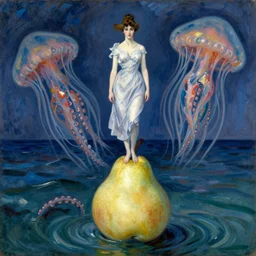 vintage beautiful painting of a woman standing on a giant pear in the middle of an ocean as a giant jellyfishes tentacles try to attack the woman in Mary Cassatt style