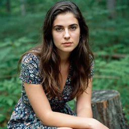 closeup portrait of an attractive young lady wearing a floral dress, sitting on a treestump in the woods, by Annie Leibovitz and Steve McCurry, natural light, detailed face, CANON Eos C300, ƒ1.8, 35mm, 8K, medium-format print