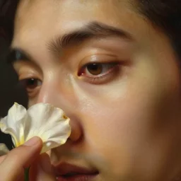 beautiful oil matte portrait painting, man eyeing a flower petal, close up, bokeh, wonderful masterpiece highly detailed, beautiful cinematic light deep focus, elegant, digital painting, smooth, sharp focus, golden ratio, dramatic illumination, ultra realistic, 8 k, art by artemisia lomi gentileschi and caravaggio