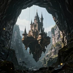 immense floating one castle in the middle of high mountains hanging by chains inside a gorge cave below only darkness background, fireflies, clean sky, hight contrast, void, 8 k resolution, unreal engine 5, hyper - detailed, perspective view, 2 4 mm lens, by simon bisley, beeple, justin gerard