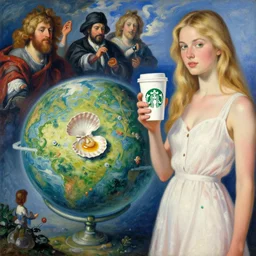 heavenly summer sharp land sphere scallop well dressed blonde lady holding a starbucks coffee cup, auslese, by peter paul rubens and eugene delacroix and karol bak, hyperrealism, digital illustration, fauvist, starbucks coffee cup green logo