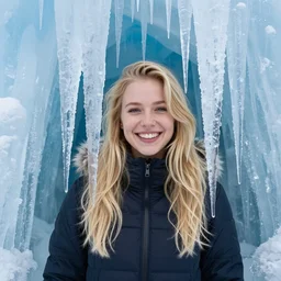 happy blonde girl in a freezing ice cave with lots of icicles