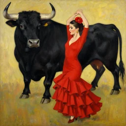 highly detailed painting of flamenco dancer wearing a red dress with a flower in her hair next to an enormous black bull by tamara de lempicka
