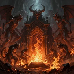 Purgatory, fire in hell. The gateway to the infernal underworld. Devils demons, highly detailed, digital painting, artstation, concept art, smooth, sharp focus, illustration, art by artgerm and greg rutkowski and alphonse mucha