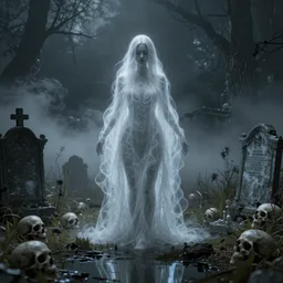 a beautiful centered etheral ghost female in ruined cemetery by night, intricate details, omnious style, volumetric light and fog, skulls, marsh vegetation, ponds, reflections, octane render