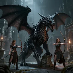 a black dragon and a female archer on a medieval palace courtyard at night, scary, powerful extremely detailed, high quality, epic, dnd, fantasy art, artstation