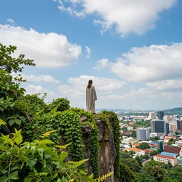 a god looking toward the sky, standing on a cliff far above a city, overgrowth of foliage and vines, photorealistic, colorful, wide angle