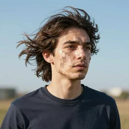 a man's face made of pixel blocks blown into the wind