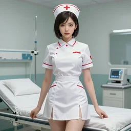 nurse girl, nurse uniform, white pleated miniskirt, nursing, white skirt, white blouse, hospital, battle angel alita. by rembrandt 1 6 6 7, illustration, by konstantin razumov, by william - adolphe bouguerea