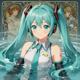 clear portrait of anime girl hatsune miku, which is drowned in water, water, light effect, anime style hyper detailed, illustration, bloody, intricate, elegant, digital painting, artstation, smooth, sharp focus, art by artgerm and greg rutkowski and alphonse mucha.