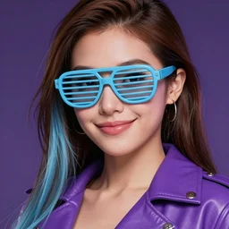 closeup painting of a very beautiful young mexican cyberpunk woman with a smirk, wearing light blue shutter shades and a purple coloured leather jacket, one side haircut, long brown hair with light blue ends, portrait, hyperdetailed, artstation, cgsociety, 8 k, synthwave!!! image