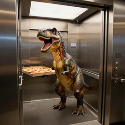 a dinosaur with a pizza in an elevator