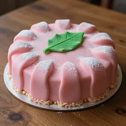 A photo of a swedish princess cake from the side on a wooden table, covered with pink marzipan, some powder sugar and a green marzipan leaf in the center. 4K. Cinematic lighting. High detail. Realistic. Delicious.