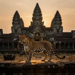 leopard in angkor wat, sunset magic hour backlit photography