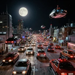 lots of floating Lada hovercraft in a traffic jam in a Russian cyberpunk slum city called Neo Norilsk on the Moon, at night, diverse, lively, black sky full of stars, blinding sun, sci-fi, lots of flying cars, levitation, cyberpunk outfits, photorealistic, grainy, 35mm, intricate, very very beautiful, elegant, smooth, cinematic, Unreal Engine 5, by Beeple, trending on Artstation HD