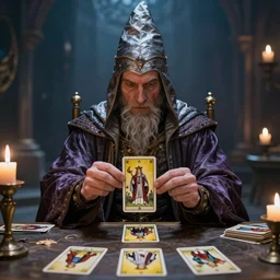 wizard performing a tarot reading, cards, fantasy, epic, award - winning, realistic, 8 k
