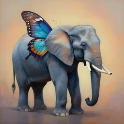 painting of hybrid between elephant & butterfly!!, intercrossed animal, mixture animal, by tiffany bozic, by zdzislaw beksinski, biomorphic, cold hue's, warm tone gradient background, concept art, beautiful composition, digital painting,